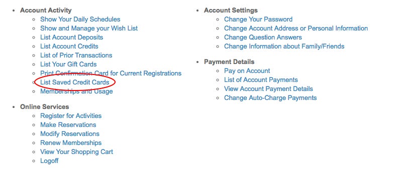 List Saved Credit Cards