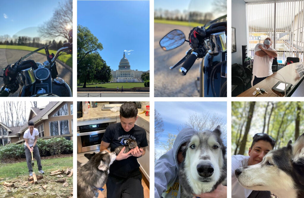 Eight total pictures. Two show a motorcycle. One is of the Capitol Building. One is of Wedge posing for the camera in Yates. One is of Meg chopping wood. Two are of Meg with her dog, Nix. The last is of Meg with Nix and a newly adopted kitten.