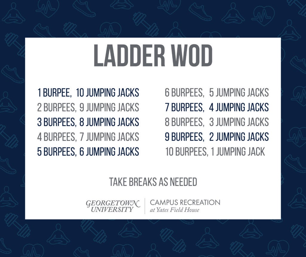 Text on white box, with a dark blue background of faded blue fitness icons | 1 Burpee, 10 Jumping Jacks; 2 Burpees, 9 Jumping Jacks; 3 Burpees, 8 Jumping Jacks; 4 Burpees, 7 Jumping Jacks; 5 Burpees, 6 Jumping Jacks; 6 Burpees, 5 Jumping Jacks; 7 Burpees, 4 Jumping Jacks; 8 Burpees,  3 Jumping Jacks; 9 Burpees, 2 Jumping Jacks; 10 Burpees, 1 Jumping Jack | Take breaks as needed | Yates logo