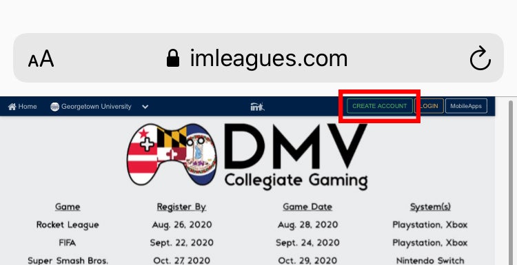 Create Account button on IMLeagues website